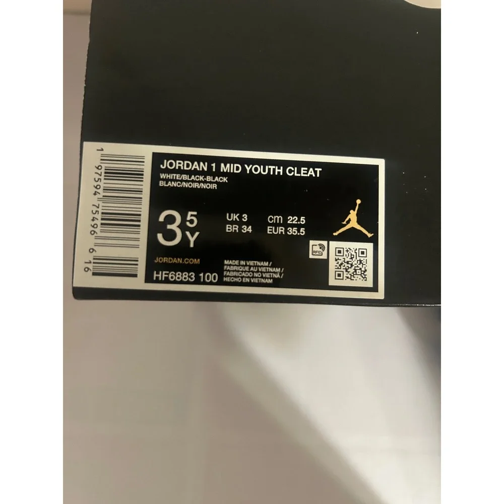 Nike Air Jordan 1 Mid Youth Cleat White Black Size 3.5Y HF6883100 New/No Lid